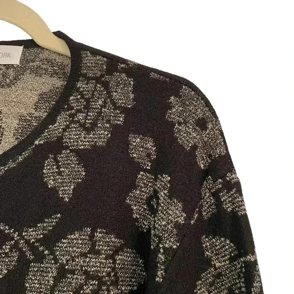 Jones New York Black Dark Floral Sweater Cardigan Size Medium Stretch Vintage - Picture 4 of 9